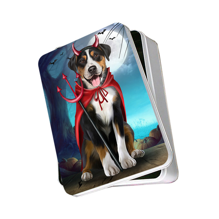 Happy Halloween Trick or Treat Greater Swiss Mountain Dog Devil Photo Storage Tin PITN52526