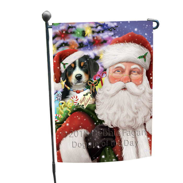 Santa Carrying Greater Swiss Mountain Dog and Christmas Presents Garden Flag GFLG53753