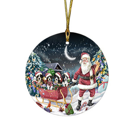 Santa Sled Dogs Christmas Happy Holidays Greater Swiss Mountain Dogs Round Flat Christmas Ornament RFPOR51711
