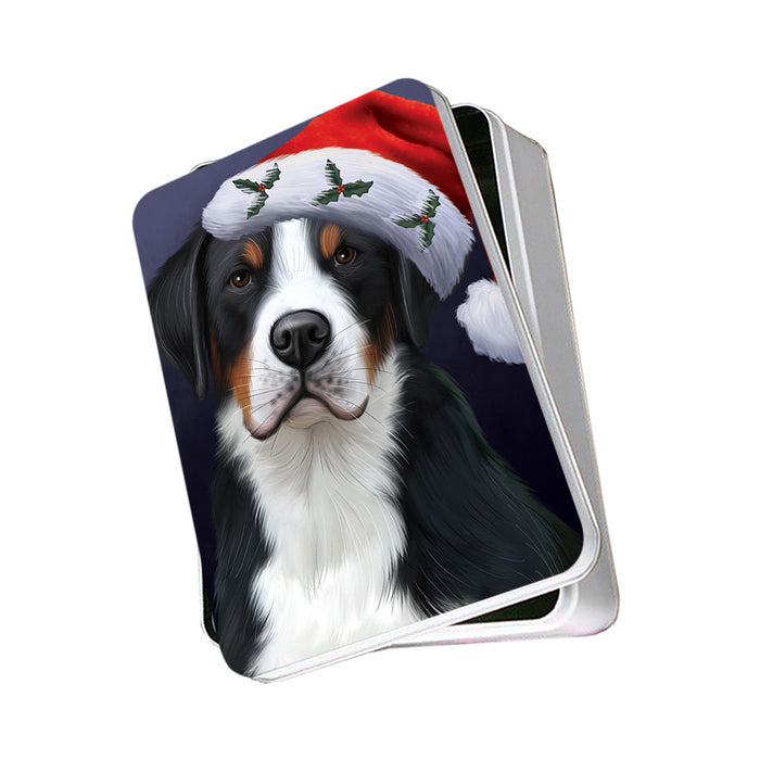 Christmas Holidays Greater Swiss Mountain Dog Wearing Santa Hat Portrait Head Photo Storage Tin PITN53498
