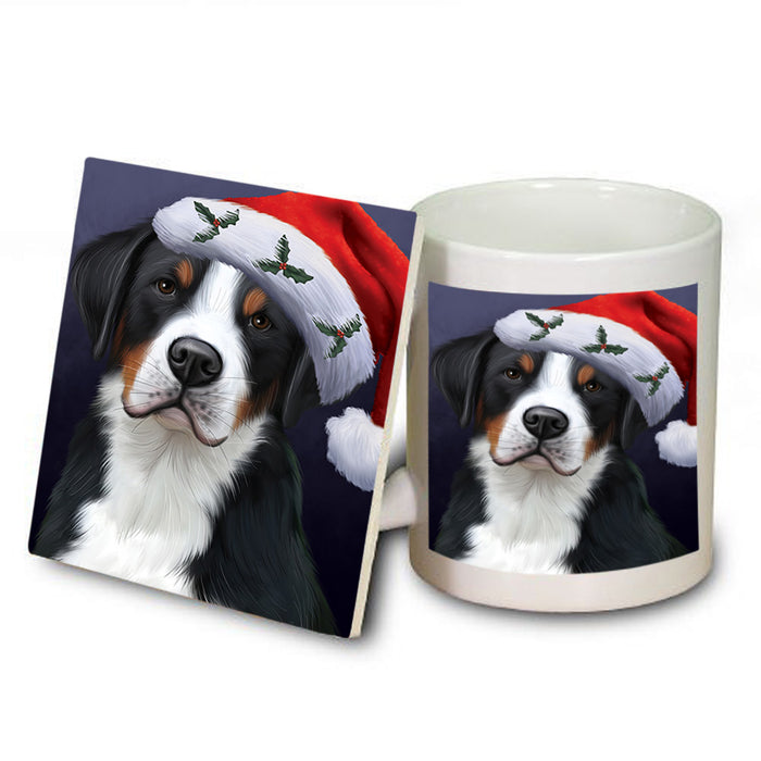 Christmas Holidays Greater Swiss Mountain Dog Wearing Santa Hat Portrait Head Mug and Coaster Set MUC53490
