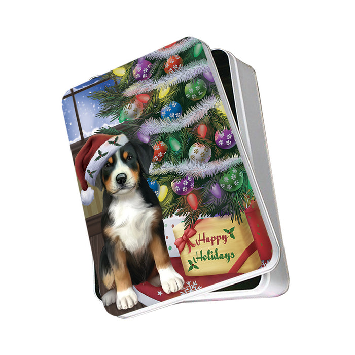 Christmas Happy Holidays Greater Swiss Mountain Dog with Tree and Presents Photo Storage Tin PITN53460