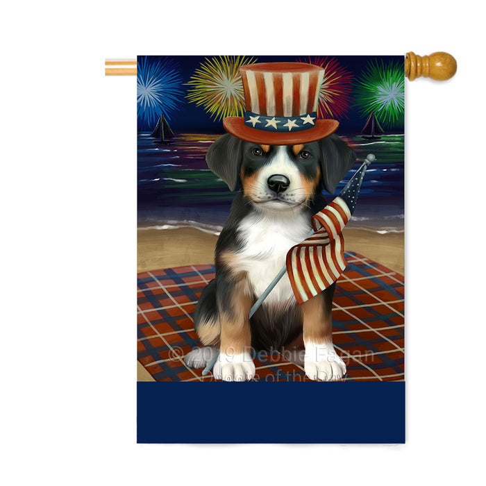 Personalized 4th of July Firework Greater Swiss Mountain Dog Custom House Flag FLG-DOTD-A57996