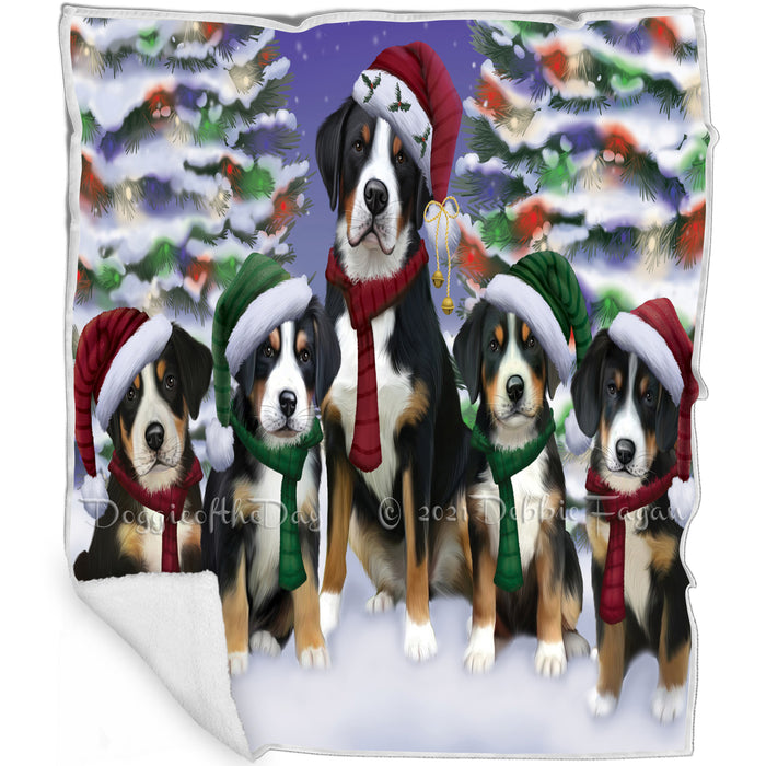 Greater Swiss Mountain Dogs Christmas Family Portrait in Holiday Scenic Background  Blanket BLNKT90714