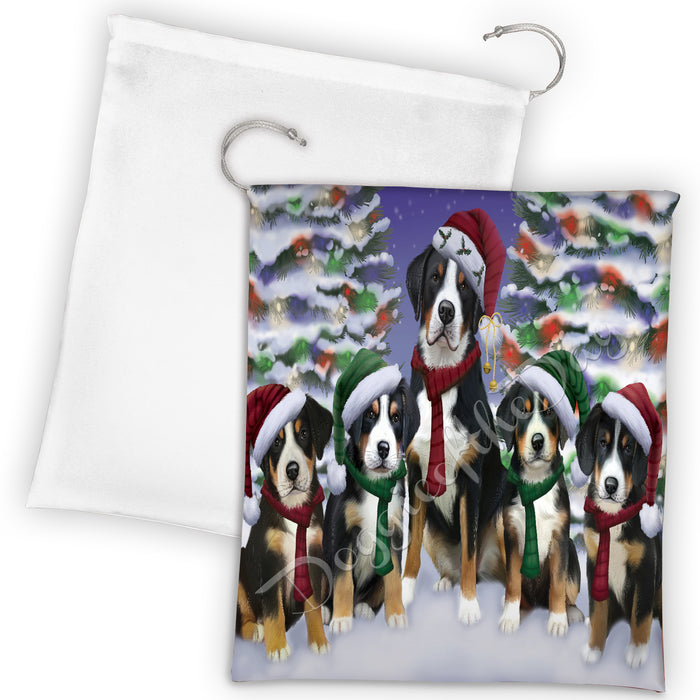 Greater Swiss Mountain Dogs Christmas Family Portrait in Holiday Scenic Background Drawstring Laundry or Gift Bag LGB48149