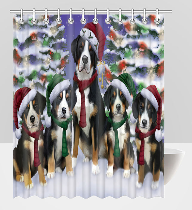 Greater Swiss Mountain Dogs Christmas Family Portrait in Holiday Scenic Background Shower Curtain