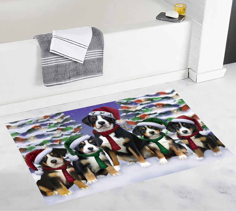 Greater Swiss Mountain Dogs Christmas Family Portrait in Holiday Scenic Background Bath Mat