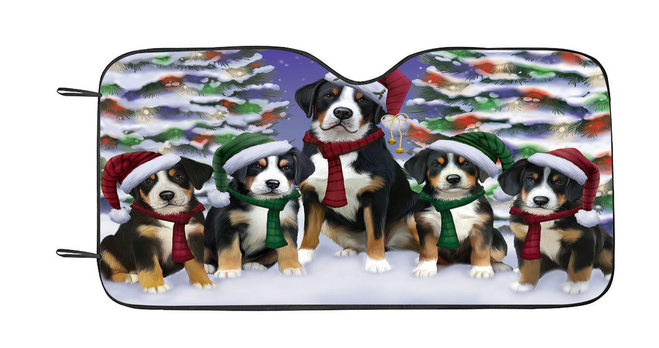 Greater Swiss Mountain Dogs Christmas Family Portrait in Holiday Scenic Background Car Sun Shade