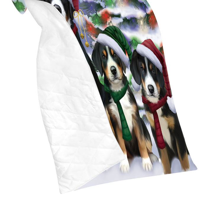 Greater Swiss Mountain Dogs Christmas Family Portrait in Holiday Scenic Background Quilt