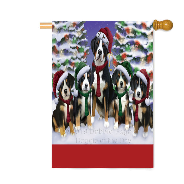 Personalized Christmas Happy Holidays Greater Swiss Mountain Dogs Family Portraits Custom House Flag FLG-DOTD-A59179