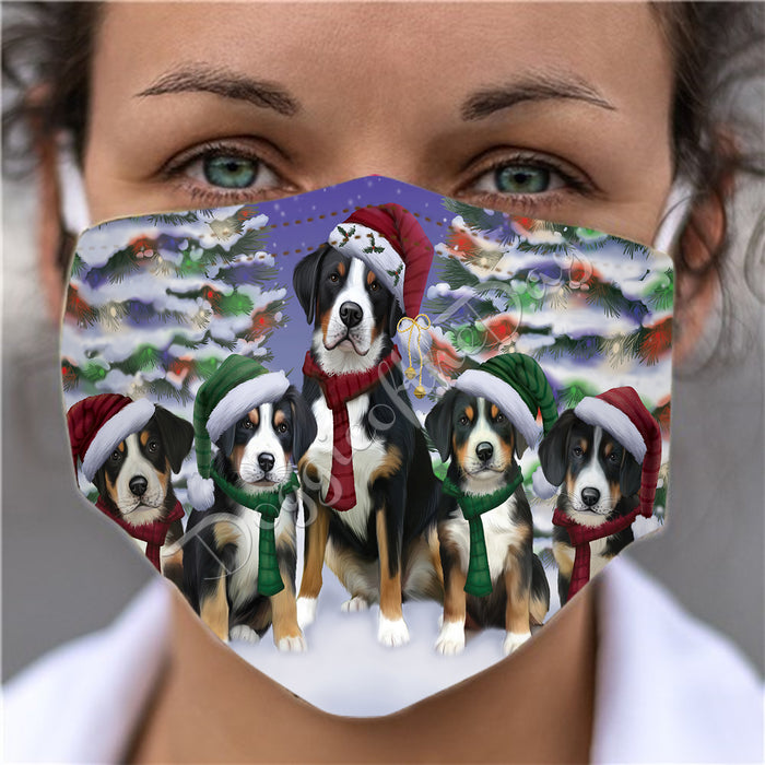 Greater Swiss Mountain Dogs Christmas Family Portrait in Holiday Scenic Background Face Mask FM48351