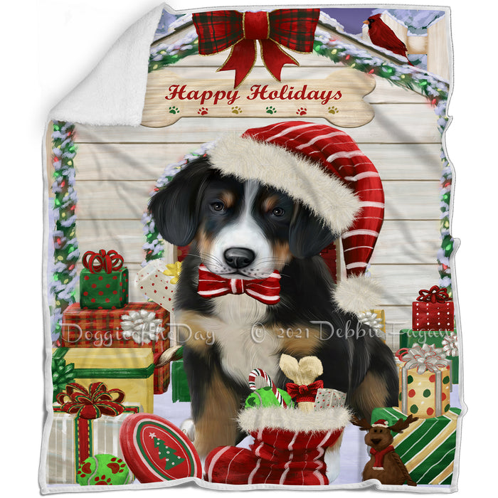 Happy Holidays Christmas Greater Swiss Mountain Dog House with Presents Blanket BLNKT142088