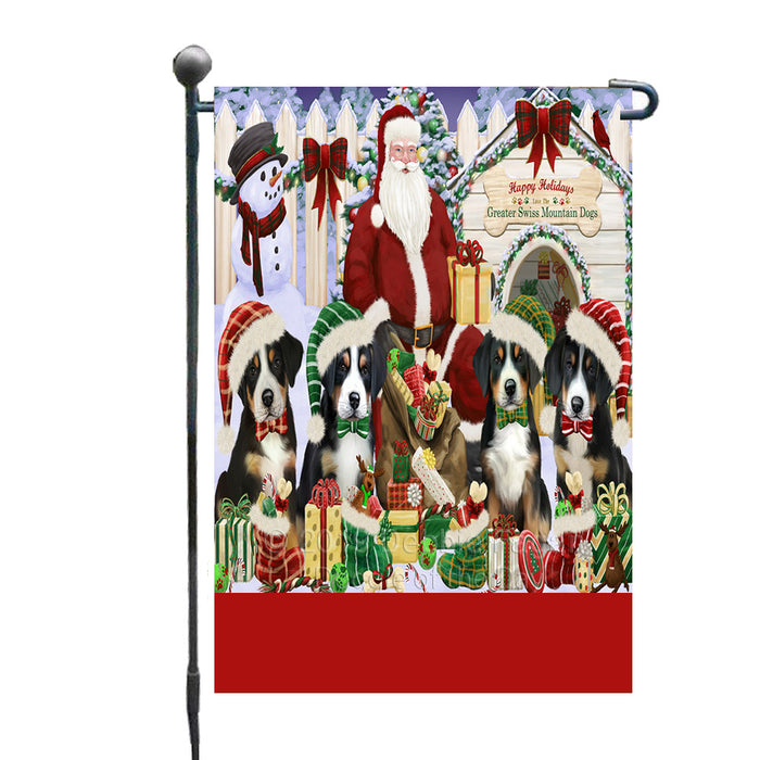 Personalized Happy Holidays Christmas Greater Swis Mountain Dogs House Gathering Custom Garden Flags GFLG-DOTD-A58530