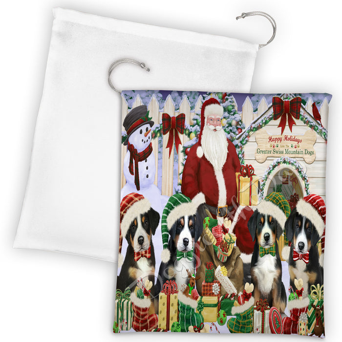 Happy Holidays Christmas Greater Swiss Mountain Dogs House Gathering Drawstring Laundry or Gift Bag LGB48052