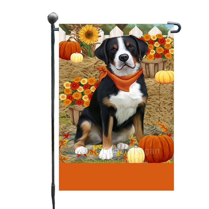 Personalized Fall Autumn Greeting Greater Swiss Mountain Dog with Pumpkins Custom Garden Flags GFLG-DOTD-A61938