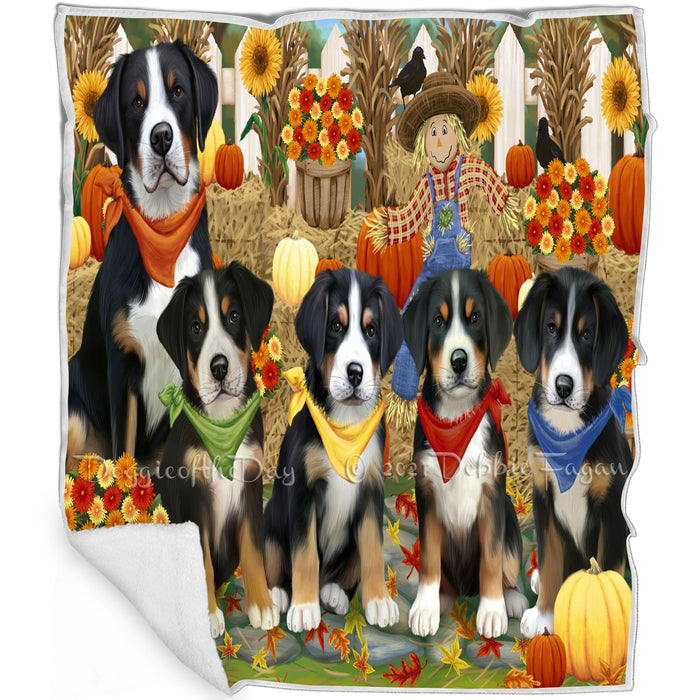 Fall Festive Gathering Greater Swiss Mountain Dogs with Pumpkins Blanket BLNKT142411
