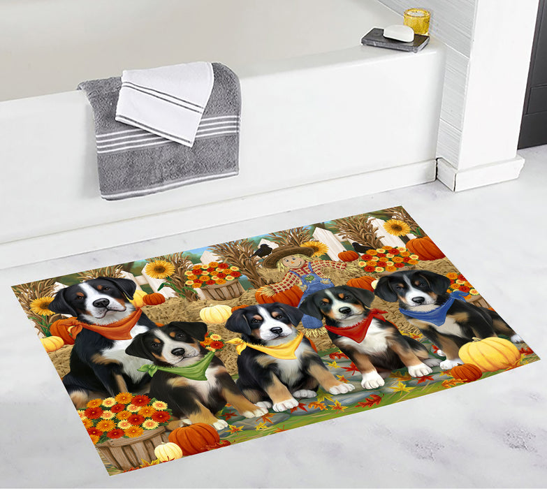 Fall Festive Harvest Time Gathering Greater Swiss Mountain Dogs Bath Mat