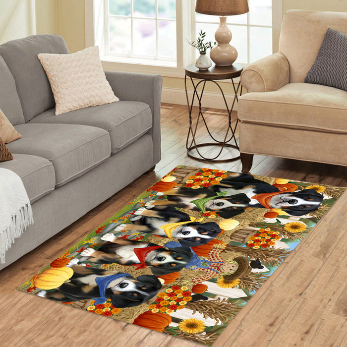 Fall Festive Harvest Time Gathering Greater Swiss Mountain Dogs Area Rug