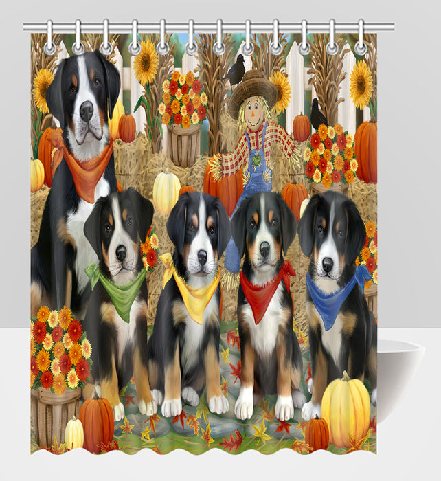 Fall Festive Harvest Time Gathering Greater Swiss Mountain Dogs Shower Curtain