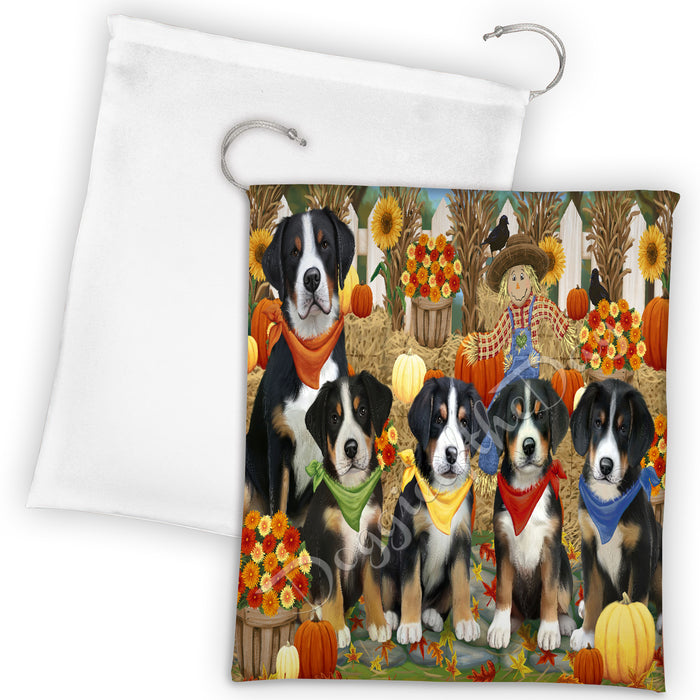 Fall Festive Harvest Time Gathering Greater Swiss Mountain Dogs Drawstring Laundry or Gift Bag LGB48410