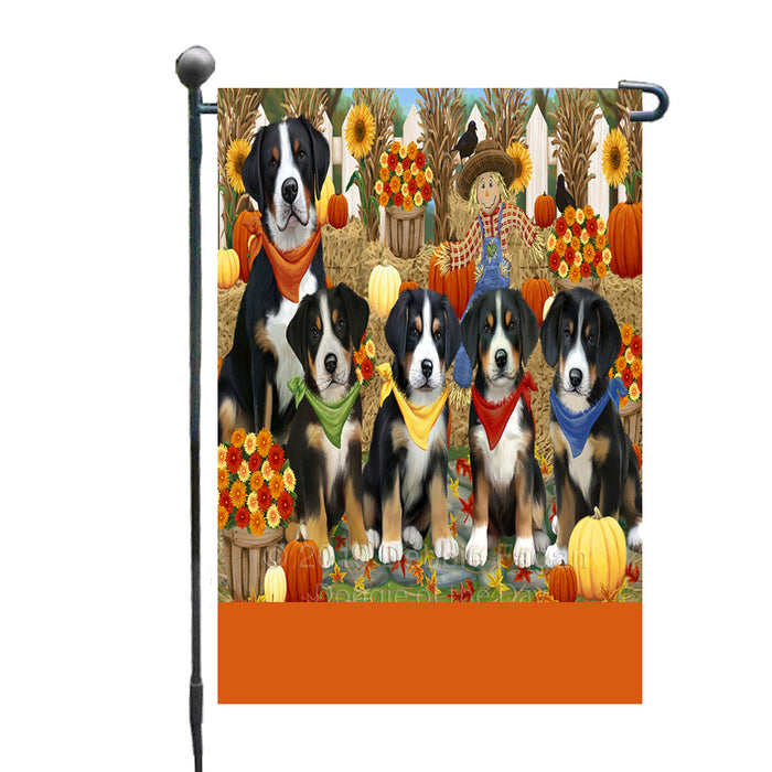Personalized Fall Festive Gathering Greater Swiss Mountain Dogs with Pumpkins Custom Garden Flags GFLG-DOTD-A61939