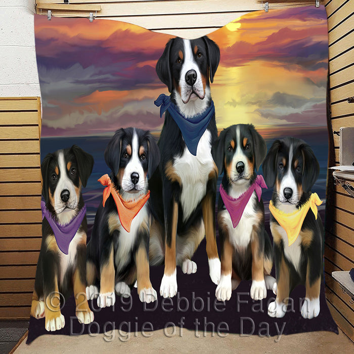 Family Sunset Portrait Greater Swiss Mountain Dogs Quilt