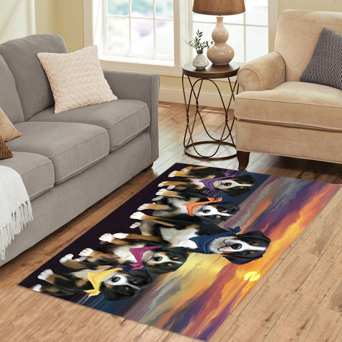 Family Sunset Portrait Greater Swiss Mountain Dogs Area Rug