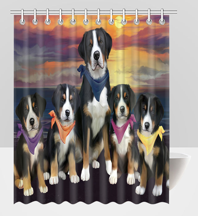 Family Sunset Portrait Greater Swiss Mountain Dogs Shower Curtain