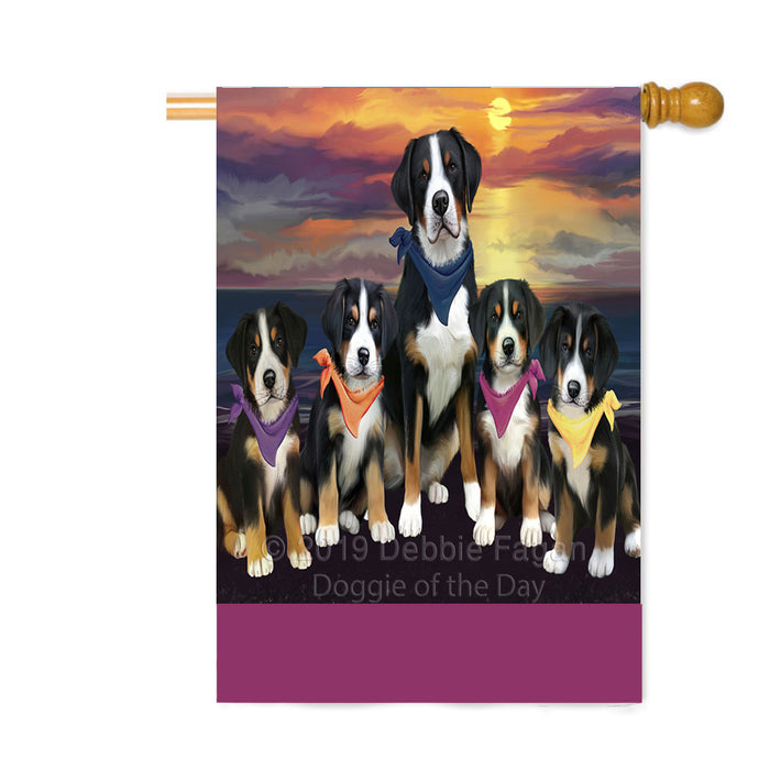 Personalized Family Sunset Portrait Greater Swiss Mountain Dogs Custom House Flag FLG-DOTD-A60661