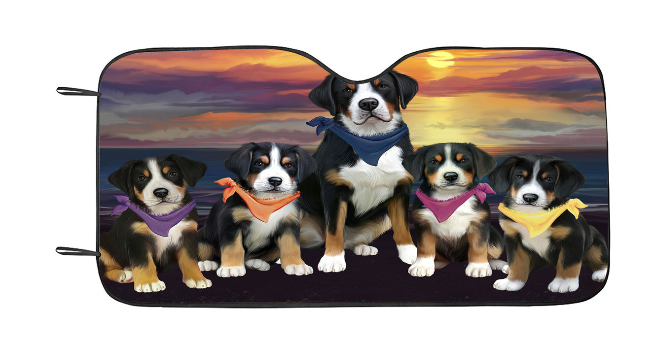 Family Sunset Portrait Greater Swiss Mountain Dogs Car Sun Shade