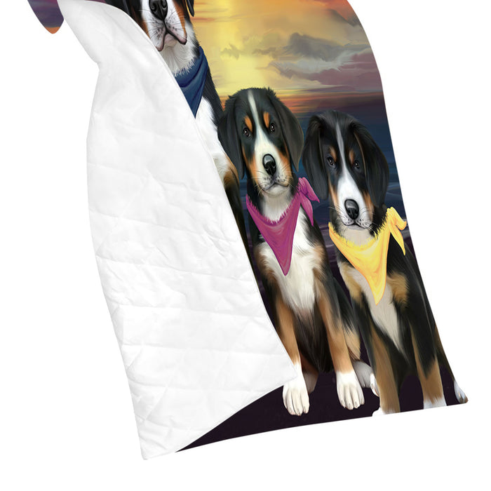 Family Sunset Portrait Greater Swiss Mountain Dogs Quilt