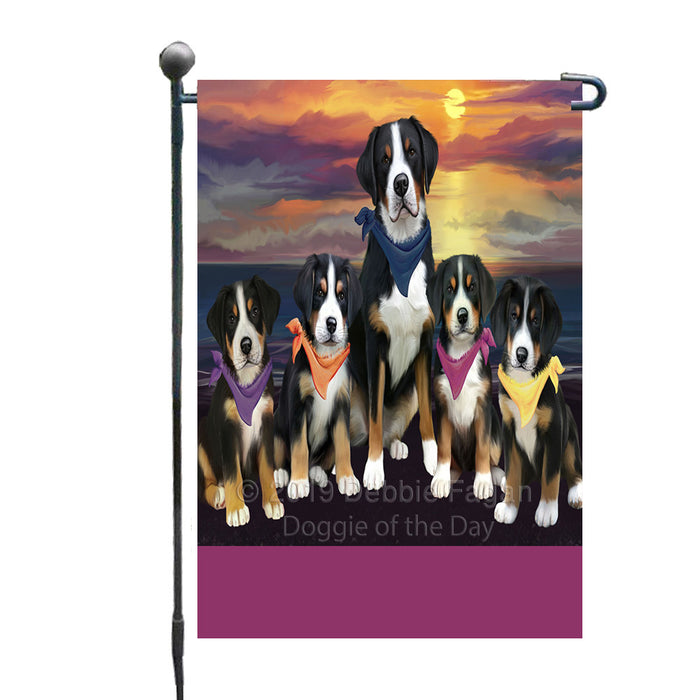 Personalized Family Sunset Portrait Greater Swiss Mountain Dogs Custom Garden Flags GFLG-DOTD-A60605