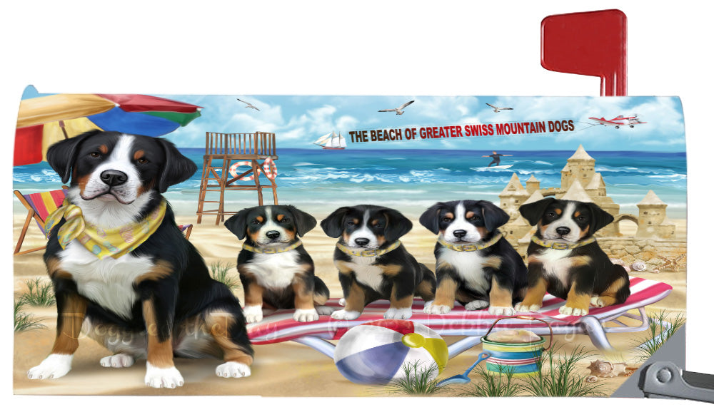 Pet Friendly Beach Greater Swiss Mountain Dogs Magnetic Mailbox Cover Both Sides Pet Theme Printed Decorative Letter Box Wrap Case Postbox Thick Magnetic Vinyl Material