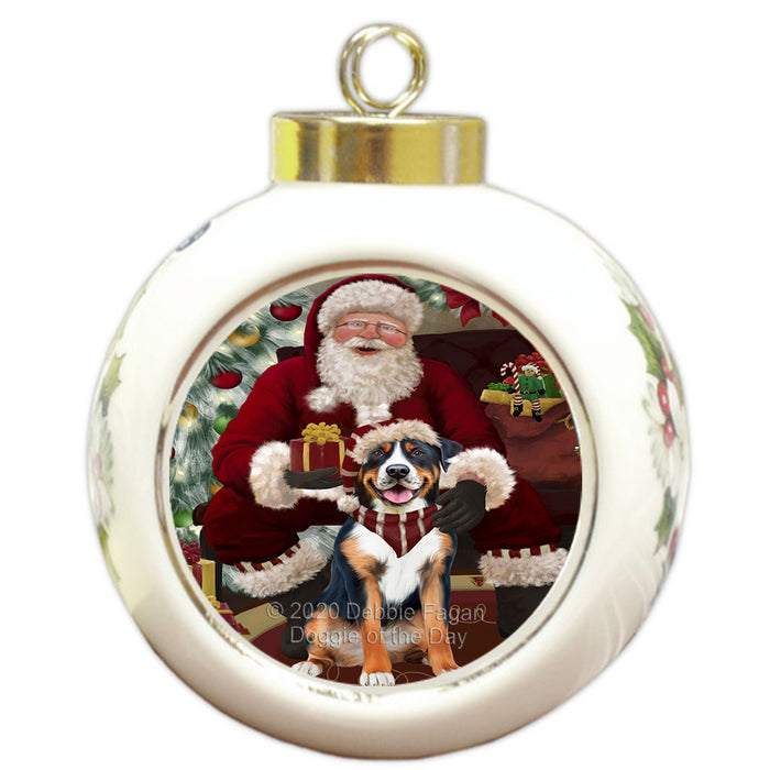 Santa's Christmas Surprise Greater Swiss Mountain Dog Round Ball Christmas Ornament RBPOR58030