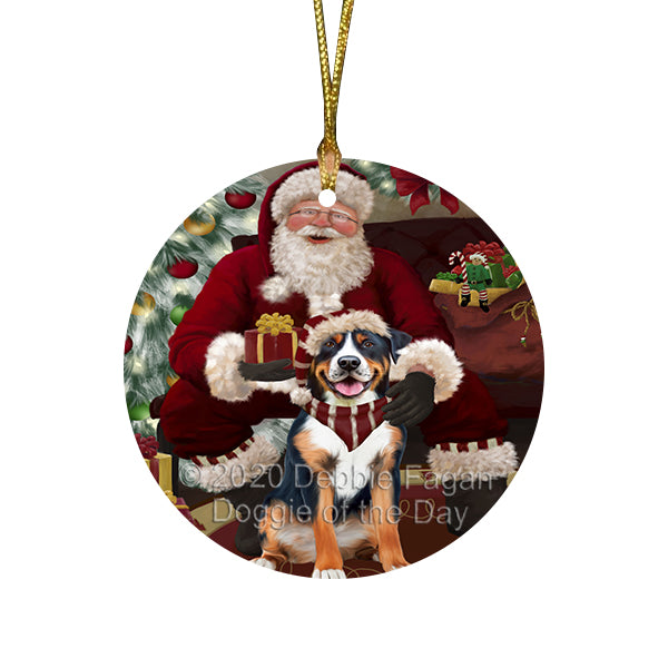 Santa's Christmas Surprise Greater Swiss Mountain Dog Round Flat Christmas Ornament RFPOR58030