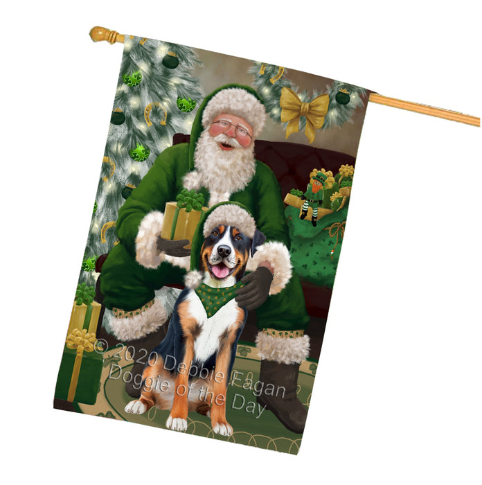 Christmas Irish Santa with Gift and Greater Swiss Mountain Dog House Flag FLG66704