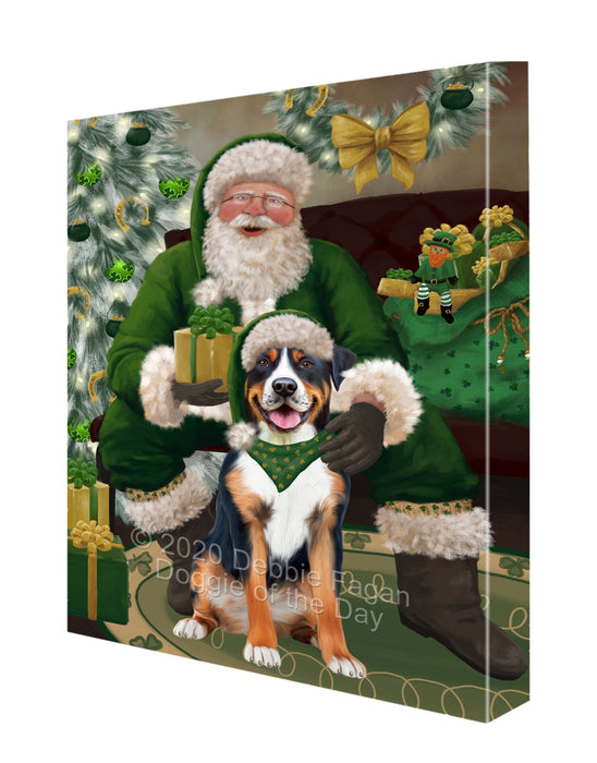 Christmas Irish Santa with Gift and Greater Swiss Mountain Dog Canvas Print Wall Art Décor CVS147734