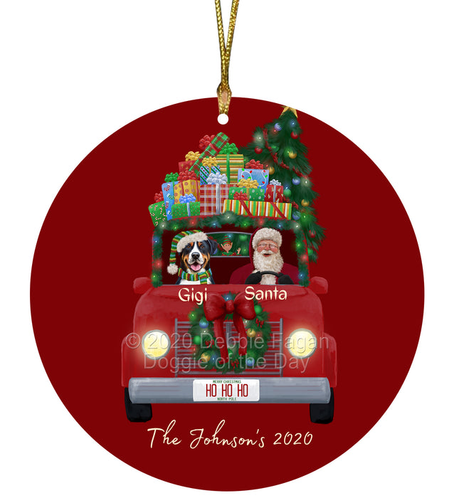 Personalized Christmas Honk Honk Red Truck Here Comes with Santa and Greater Swiss Mountain Dog Round Flat Ornament PRBPOR59082