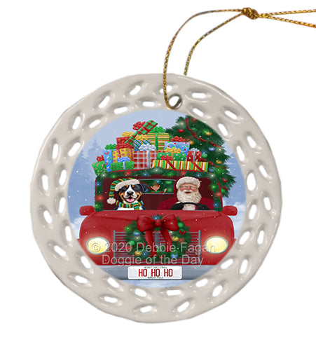Christmas Honk Honk Red Truck with Santa and Greater Swiss Mountain Dog Doily Ornament DPOR59353