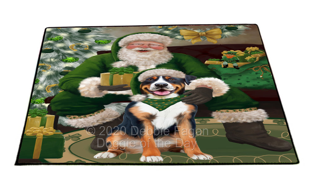 Christmas Irish Santa with Gift and Greater Swiss Mountain Dog Indoor/Outdoor Welcome Floormat - Premium Quality Washable Anti-Slip Doormat Rug FLMS57169