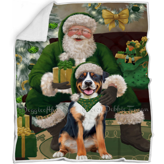 Christmas Irish Santa with Gift and Greater Swiss Mountain Dog Blanket BLNKT141368