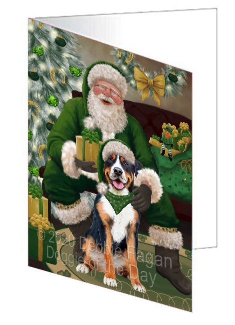 Christmas Irish Santa with Gift and Greater Swiss Mountain Dog Handmade Artwork Assorted Pets Greeting Cards and Note Cards with Envelopes for All Occasions and Holiday Seasons GCD75866