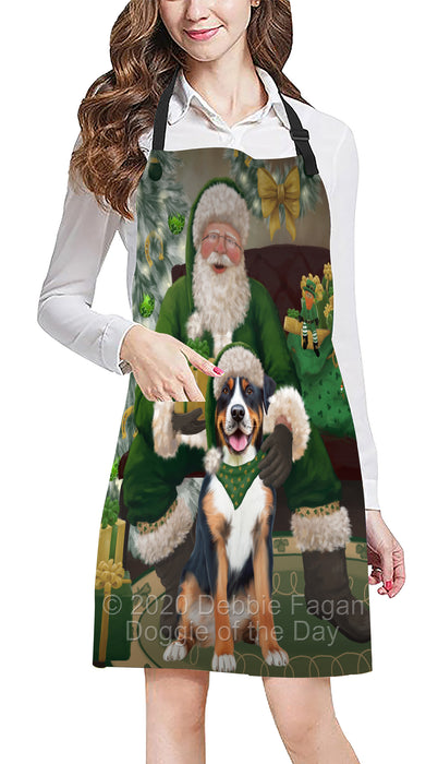 Christmas Irish Santa with Gift and Greater Swiss Mountain Dog Apron Apron-48308