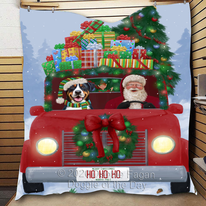 Christmas Honk Honk Red Truck with Santa and Greater Swiss Mountain Dog Quilt Bed Coverlet Bedspread - Pets Comforter Unique One-side Animal Printing - Soft Lightweight Durable Washable Polyester Quilt