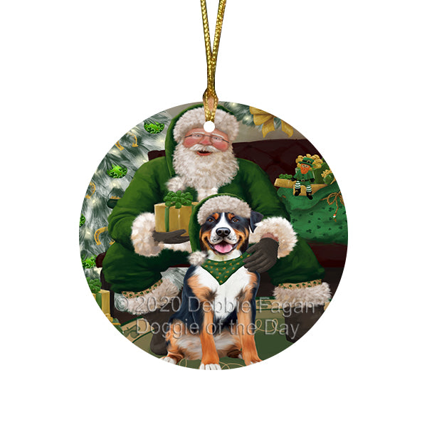 Christmas Irish Santa with Gift and Greater Swiss Mountain Dog Round Flat Christmas Ornament RFPOR57932