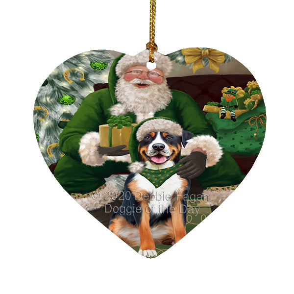 Christmas Irish Santa with Gift and Greater Swiss Mountain Dog Heart Christmas Ornament RFPOR58274