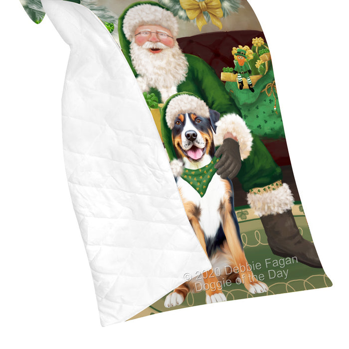 Christmas Irish Santa with Gift and Greater Swiss Mountain Dog Quilt Bed Coverlet Bedspread - Pets Comforter Unique One-side Animal Printing - Soft Lightweight Durable Washable Polyester Quilt
