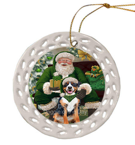 Christmas Irish Santa with Gift and Greater Swiss Mountain Dog Doily Ornament DPOR59494
