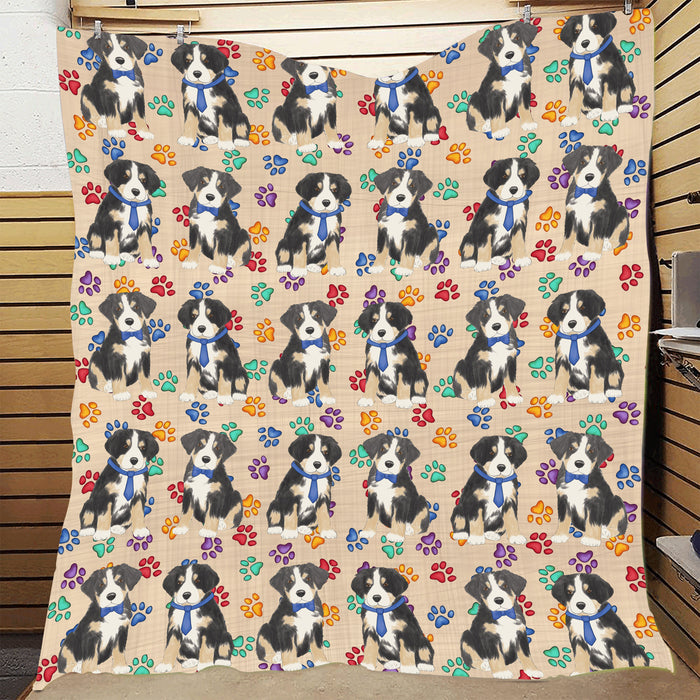 Rainbow Paw Print Greater Swiss Mountain Dogs Blue Quilt