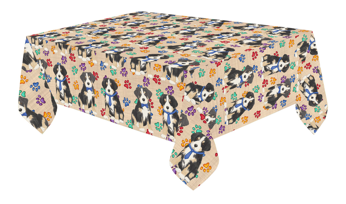 Rainbow Paw Print Greater Swiss Mountain Dogs Blue Cotton Linen Tablecloth